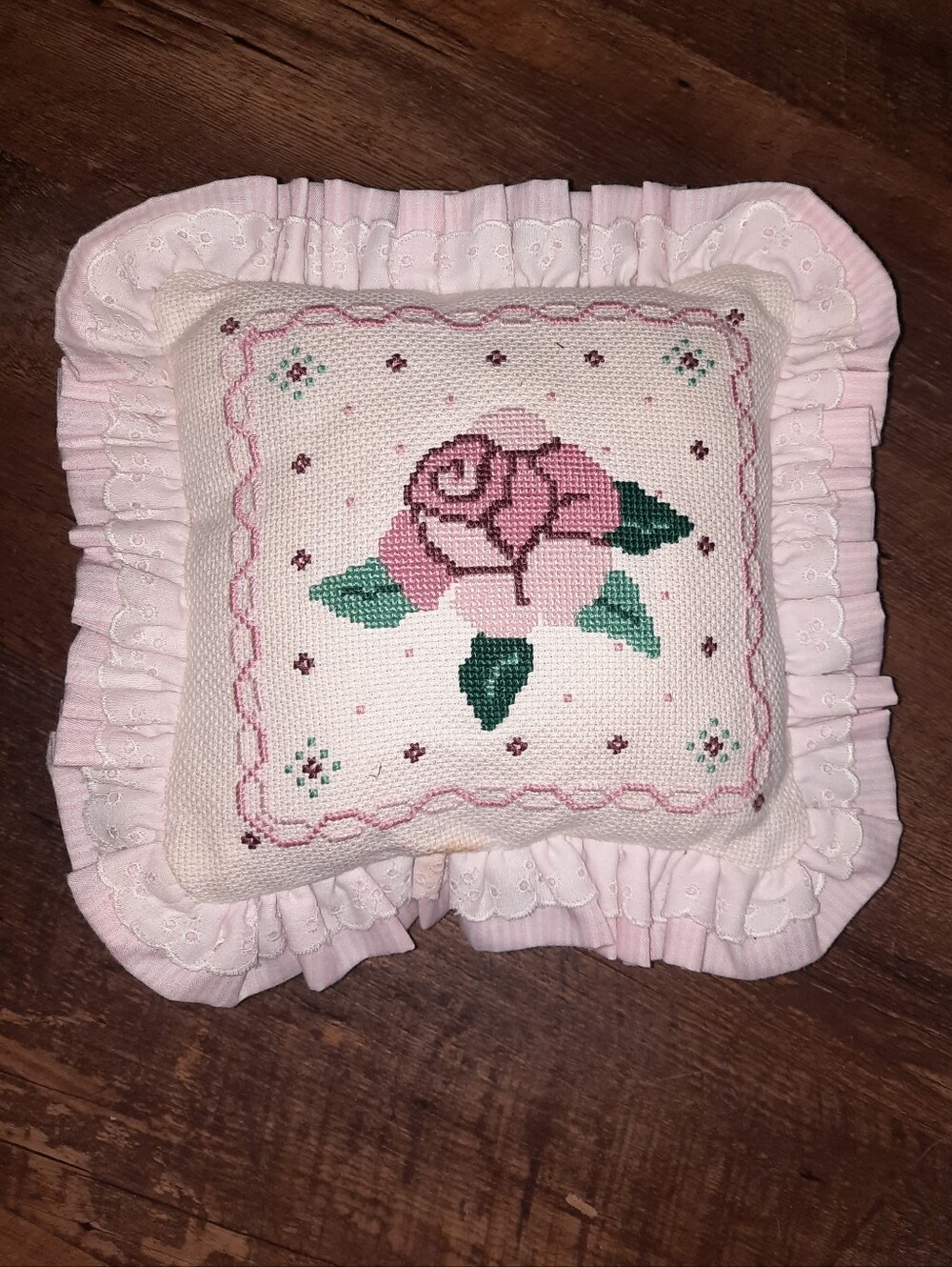 Handmade Cottage Core Style Pink Rose Cross-Stitch Decorative Mini  Pillow